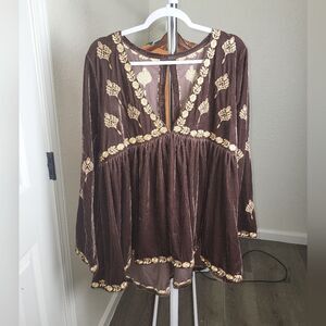 Pol Velvet Embroidered Bell Sleeve Deep V Neck Floral Whimsical Romantic Tunic